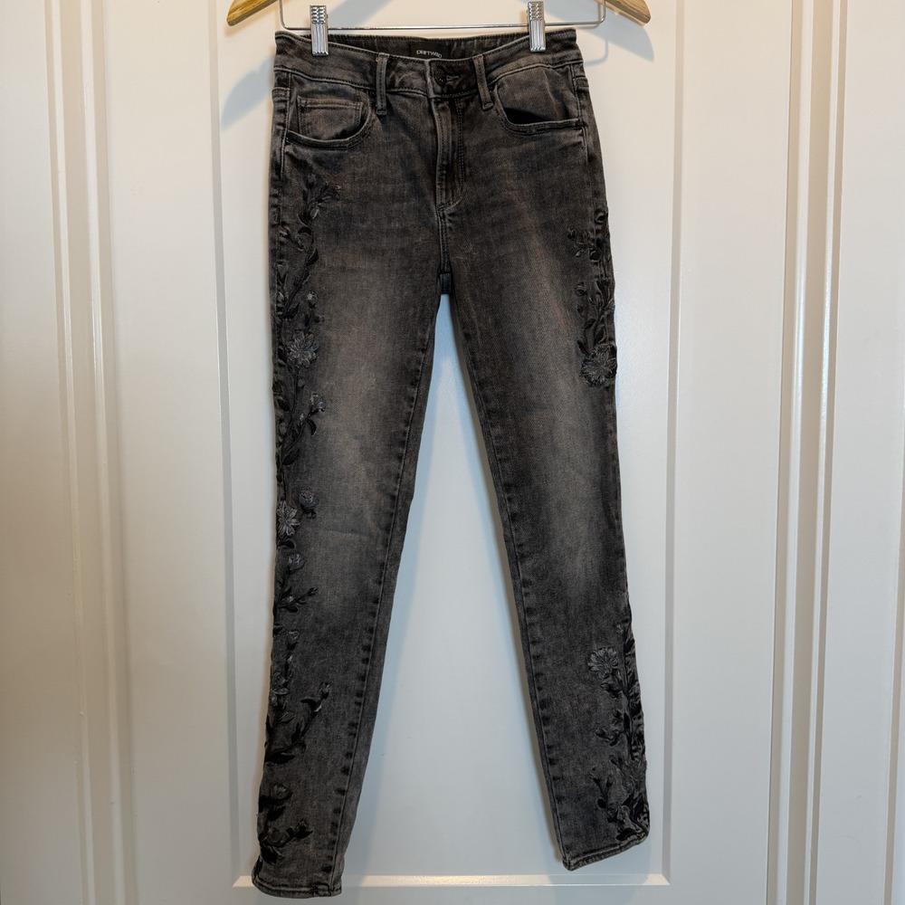 Driftwood Jackie Jeans Gray Floral Embroidered Skinny Crop 25 / 0 Boho Western - Picture 3 of 15